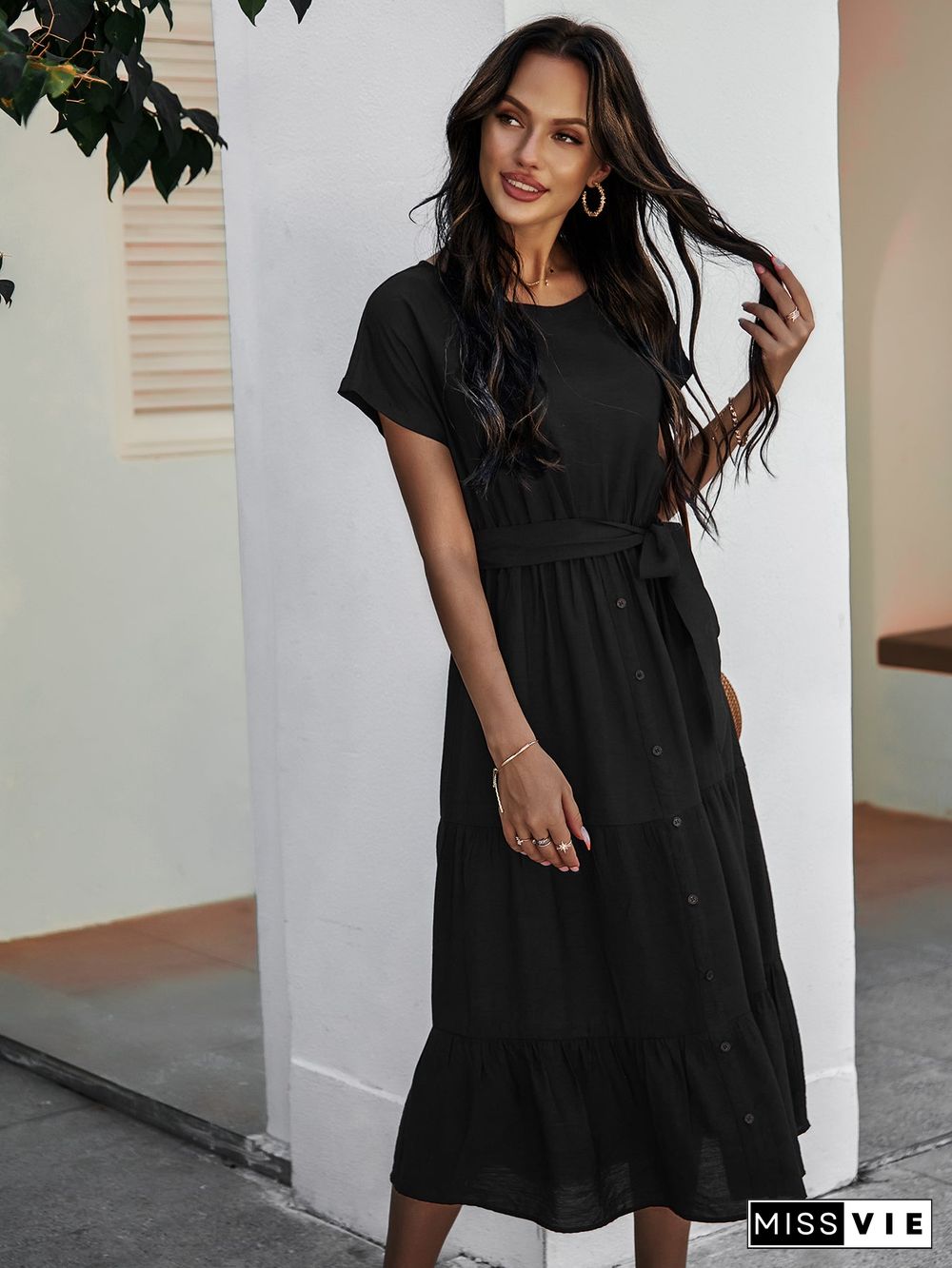 Short Sleeve Round Neck Wrap Tie Waist Maxi Dress