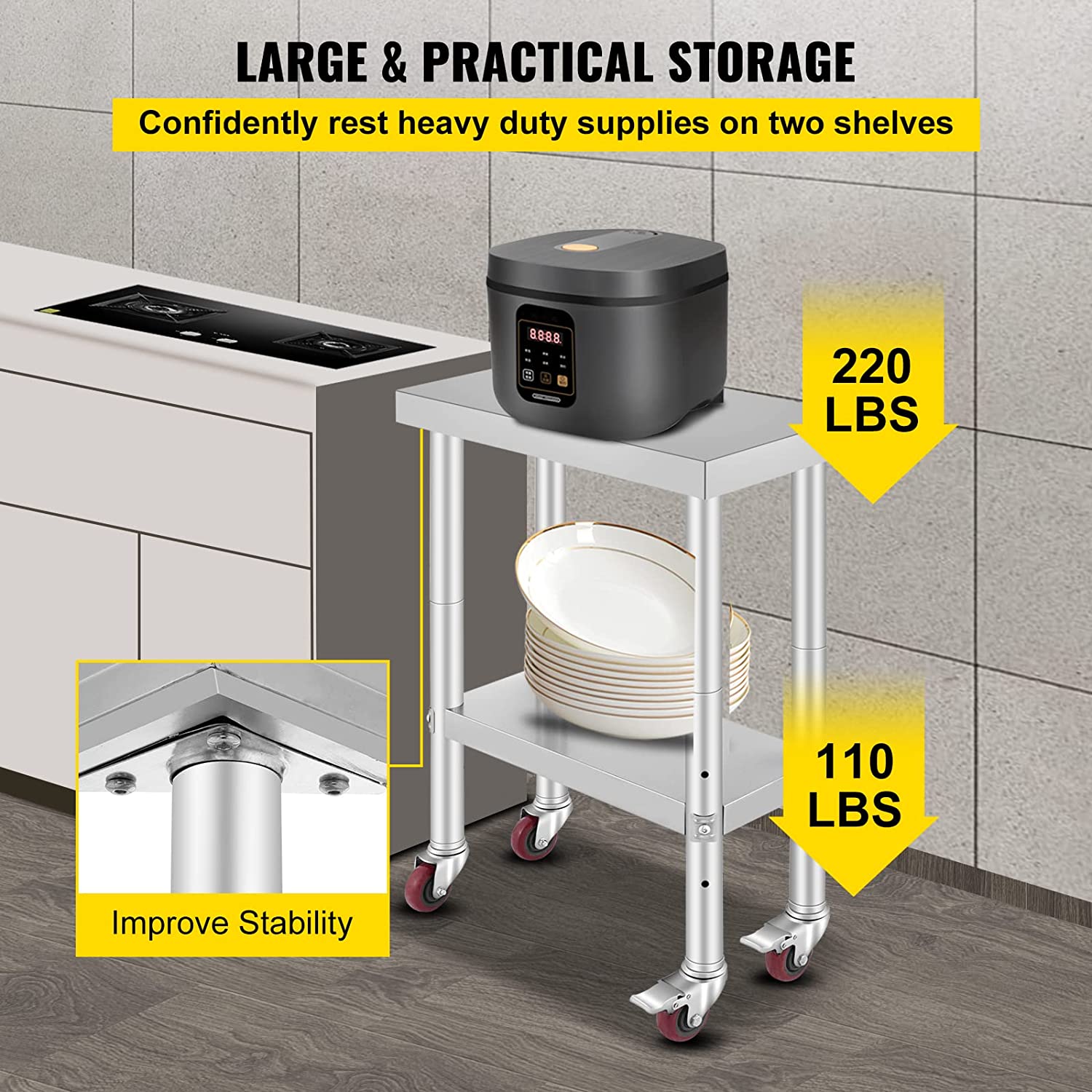 VEVORbrand Stainless-Steel Work Table 24 x 12 Inches with 4 Wheels for Commercial Kitchen Restaurant