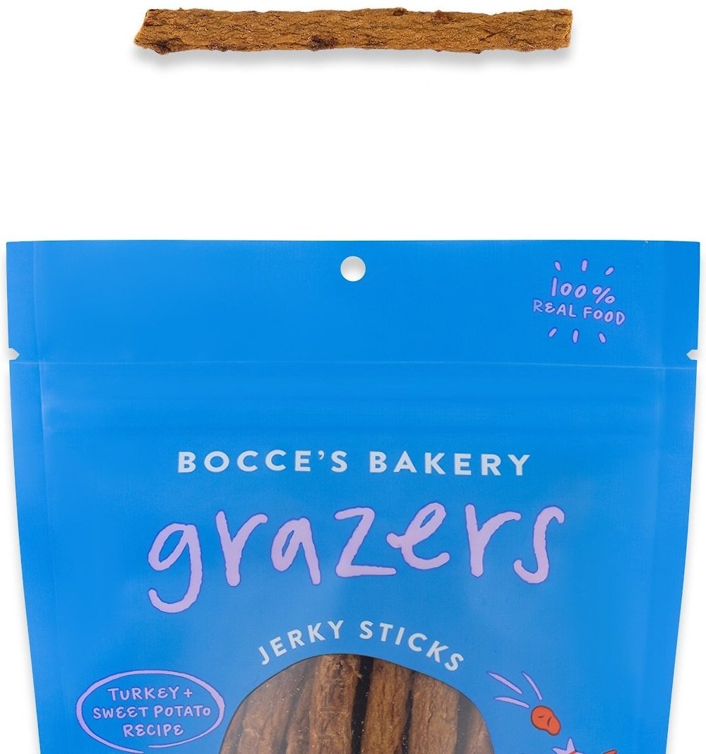 Bocce's Bakery Grazers Turkey Jerky Dog Treats， 4-oz pouch