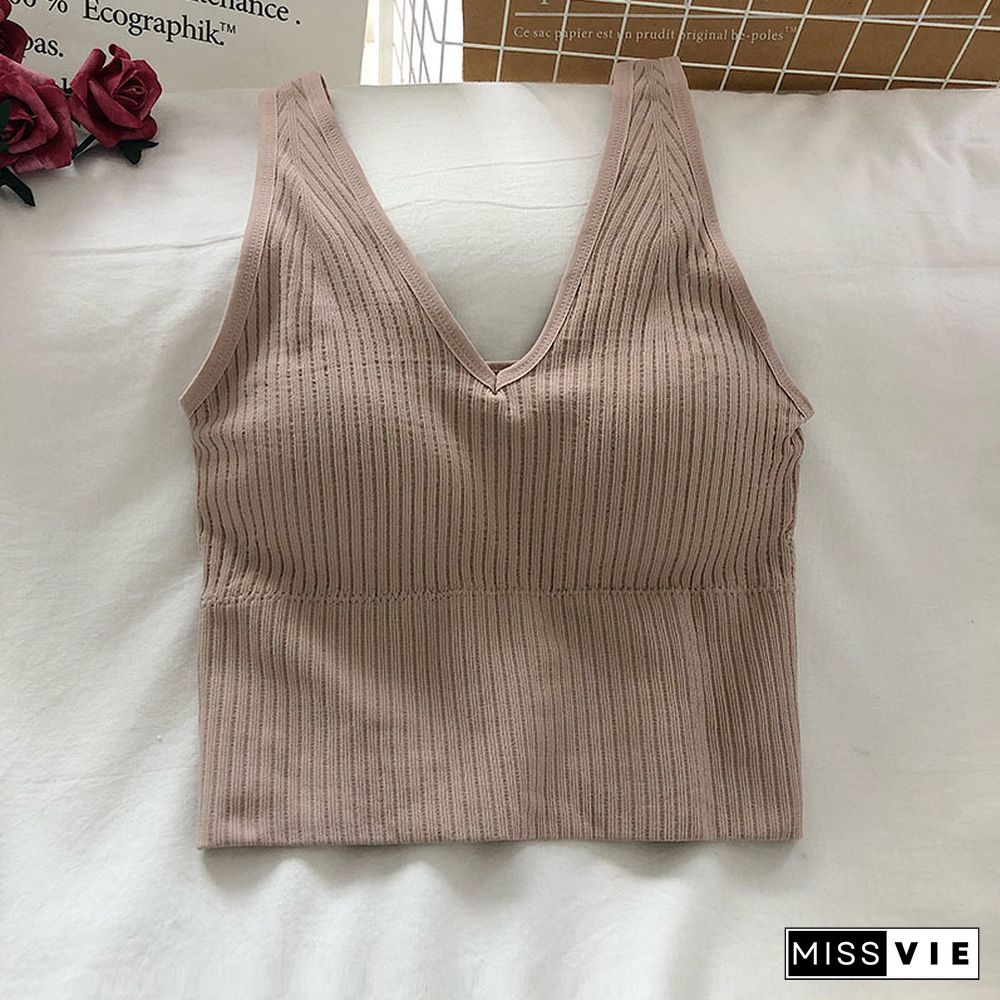 New Sexy Push Up Bra Woven Wrapped Top Underwear V Tie Bra Pad Wireless Sports Bra Striped Crop Top Sleeveless Camisole Ins