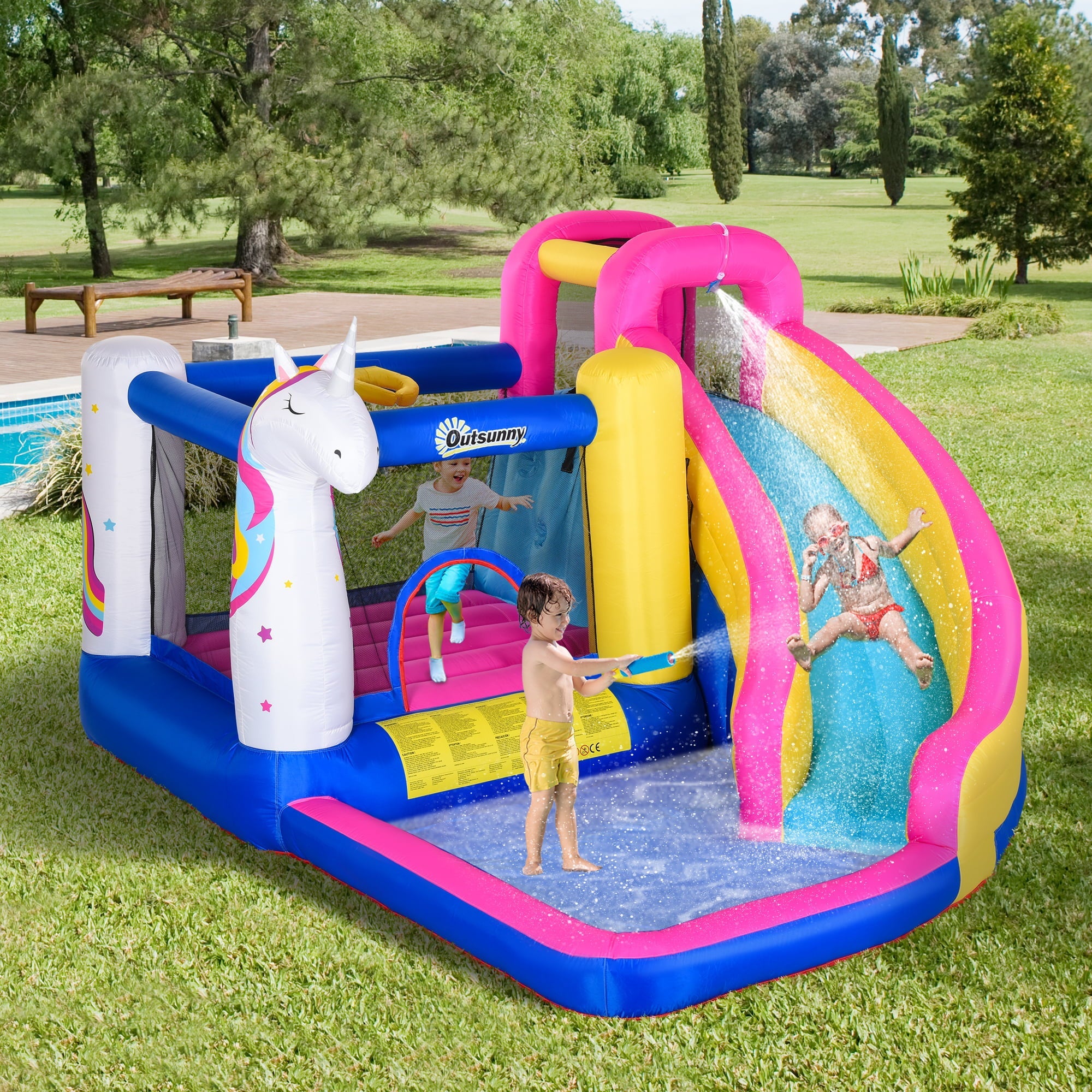 Outsunny Inflatable Water Slide 5 in 1 Bounce House Castle with Air Blower for 3-10 Years