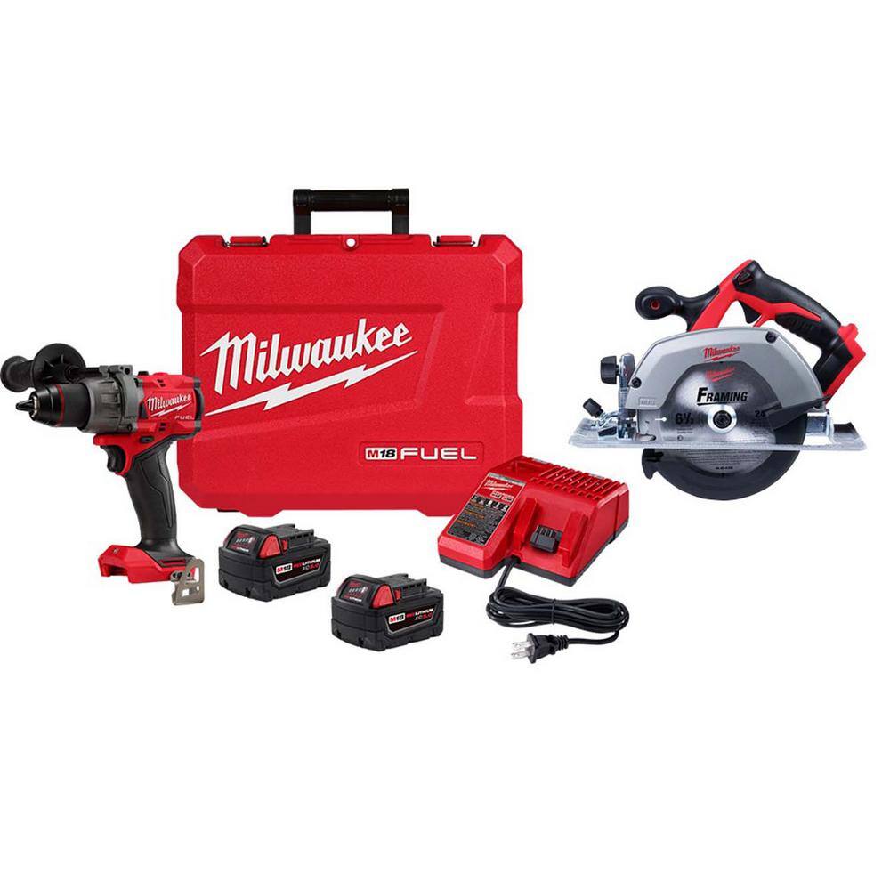 MW M18 Fuel 18-V Lithium-Ion Brushless Cordless 12 in. Hammer Drill Driver Kit with 6-12 in. Circular Saw 2904-22-2630-20