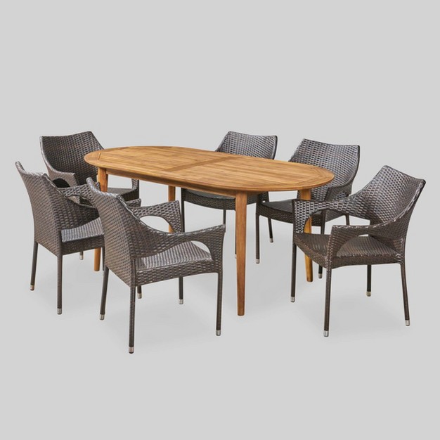 Fayette 7pc Acacia Wood And Wicker Dining Set Brown Christopher Knight Home