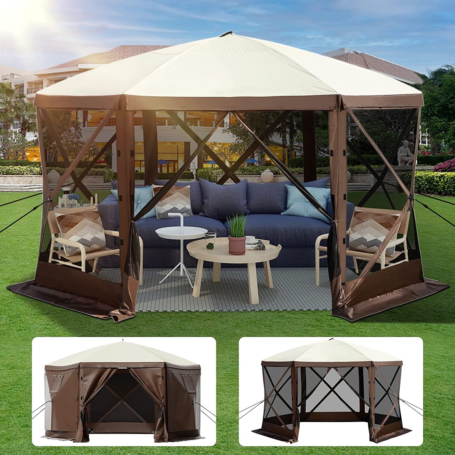 VEVORbrand Camping Gazebo Tent, 12'x12', 6 Sided Pop-up Canopy Screen Tent for 8 Person Camping, Waterproof Screen Shelter w/Portable Storage Bag, Ground Stakes, Mesh Windows, Brown & Beige