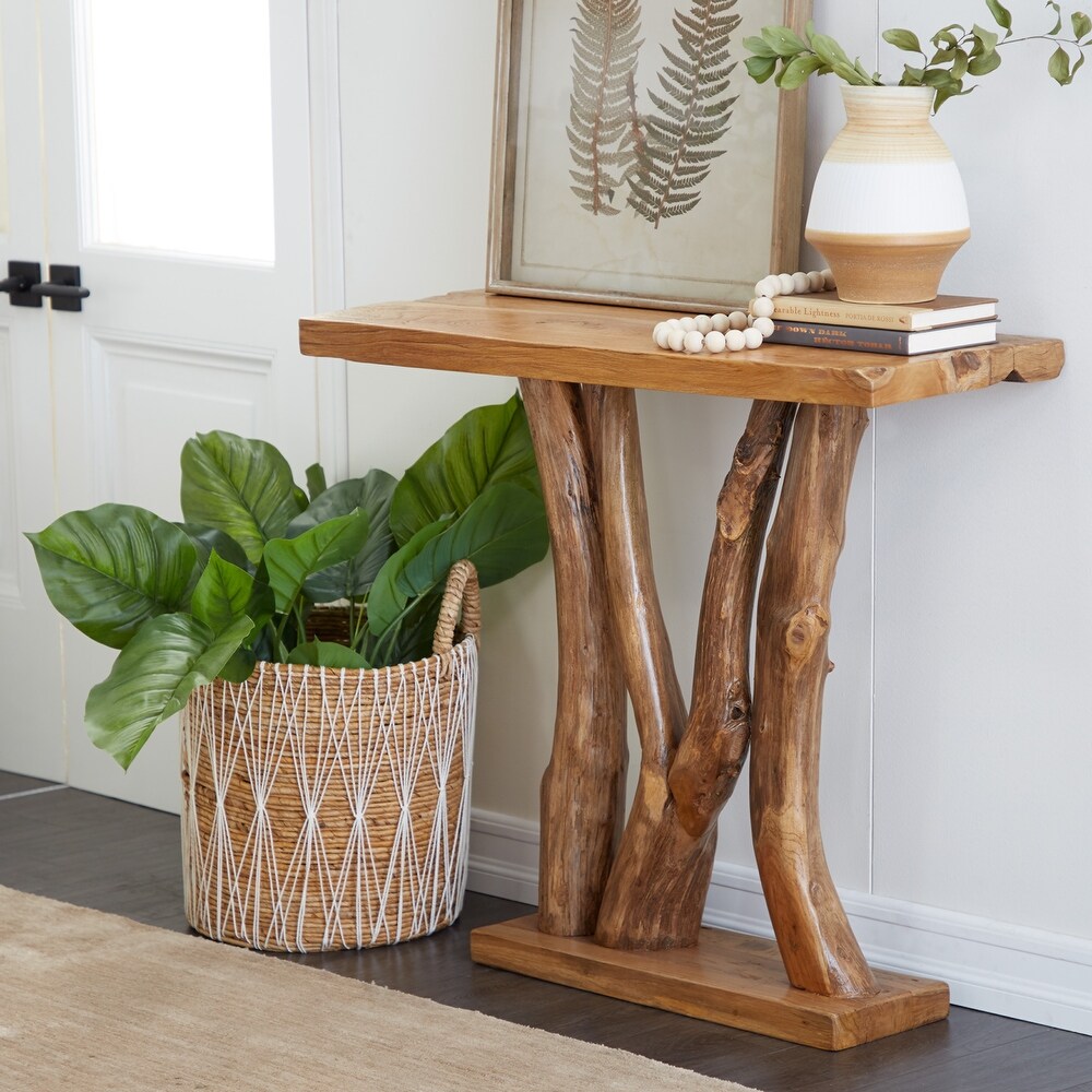 Brown Teak Wood Small Live Edge Tree Trunk Console Table