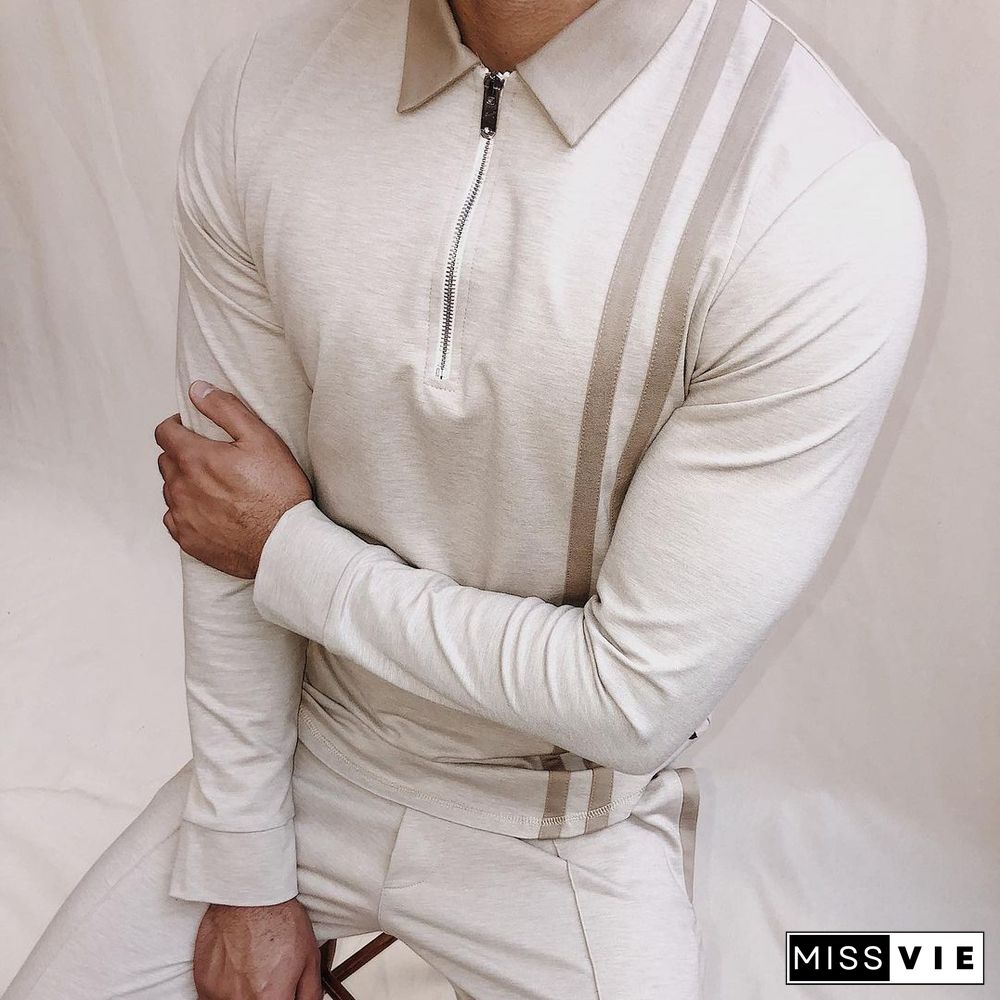 Color-matched striped long-sleeved polo shirt