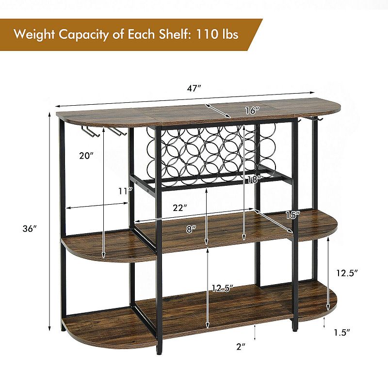 47 Inches Wine Rack Table with Glass Holder and Storage Shelves