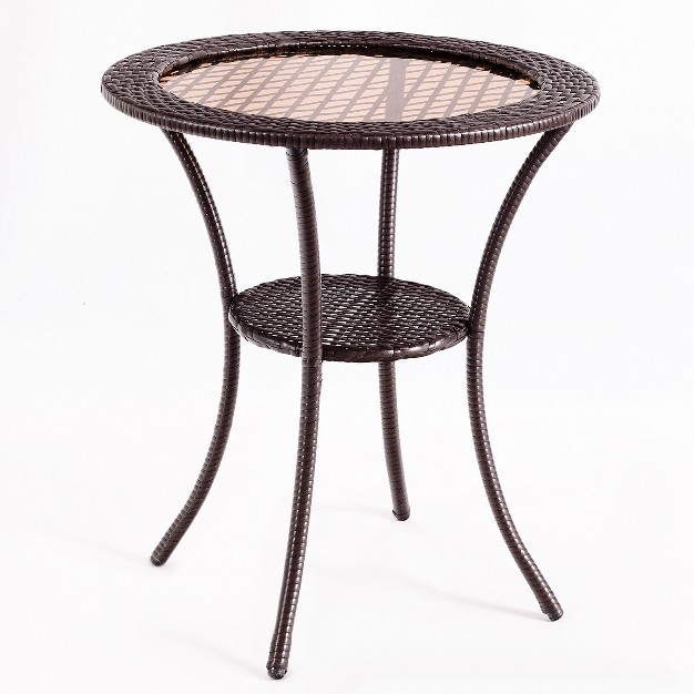 Tangkula Outdoor Round Rattan Wicker Coffee Table Steel Frame Glass Top