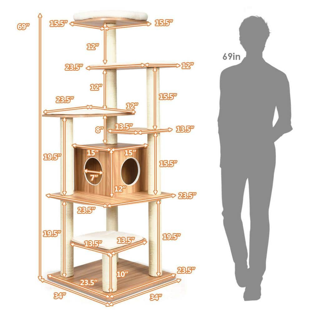 ANGELES HOME 69 in. Tall Brown Sleep and Play Cat Tree M74-8PS31