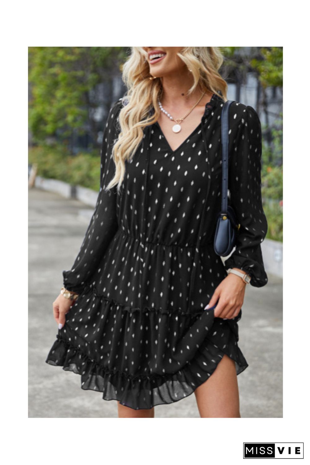 Foil Spot Print Front Tie V Neck Tiered Mini Dress