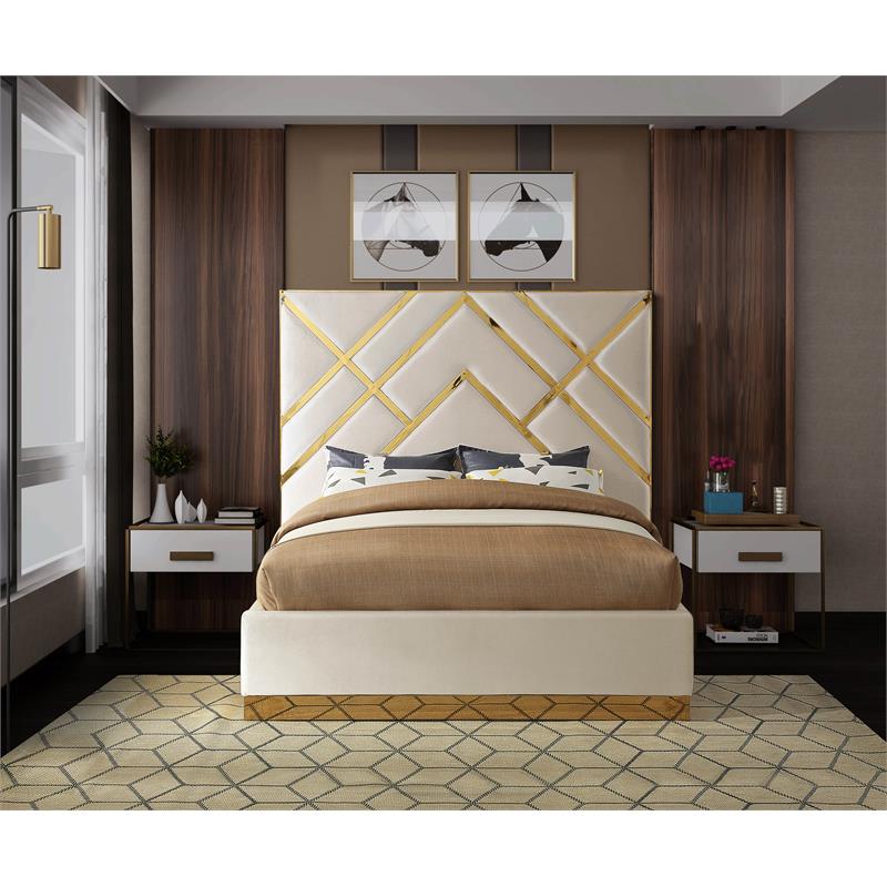 Meridian Furniture Vector Rich Velvet Queen Bed in Cream