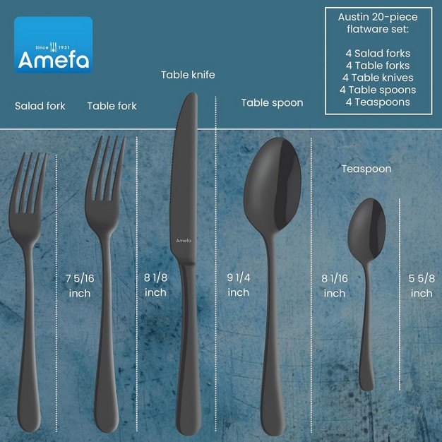 Amefa Austin Black 20 piece Premium 18 0 Stainless Steel Flatware Set Satin Black Finish Silverware Set Service For 4 Rust Resistant Cutlery