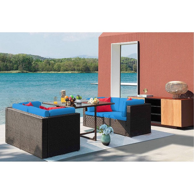 5pc Outdoor Conversation Set With Wicker Sectional Sofa amp Tempered Glass Table Devoko