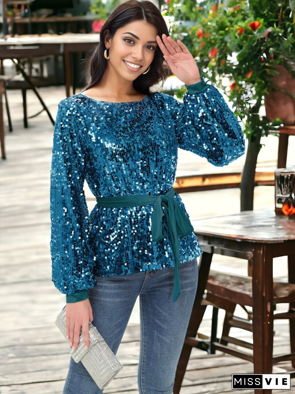 Sequin Party Tie Waist Sweatshirt Pullover Top