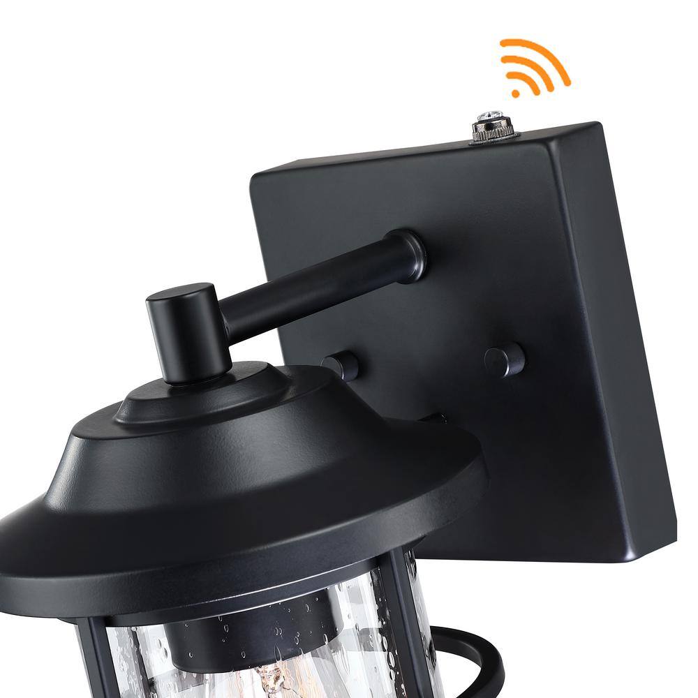 Uixe 11 in. Matte Black Hardwired Dusk to Dawn Outdoor Wall Lantern Sconce Sensor with Seeded Glass Shade SSL-14631-S-PC