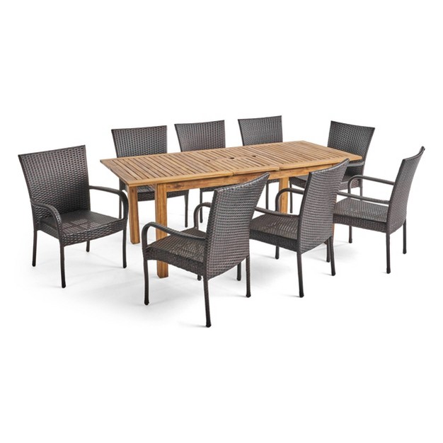 Hayes 9pc Wood amp Wicker Expandable Dining Set Natural brown Christopher Knight Home