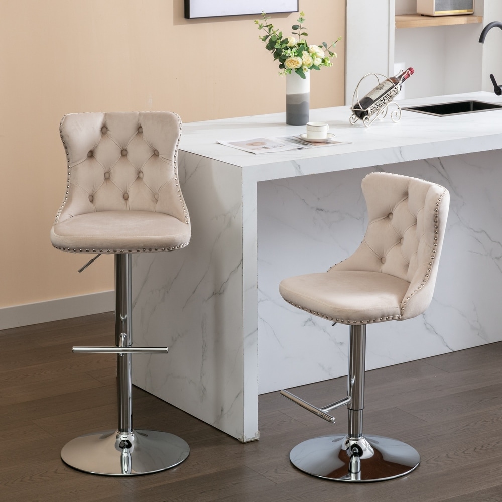 Set of 2 Swivel Velvet Tufted Adjusatble Seat Height Barstools