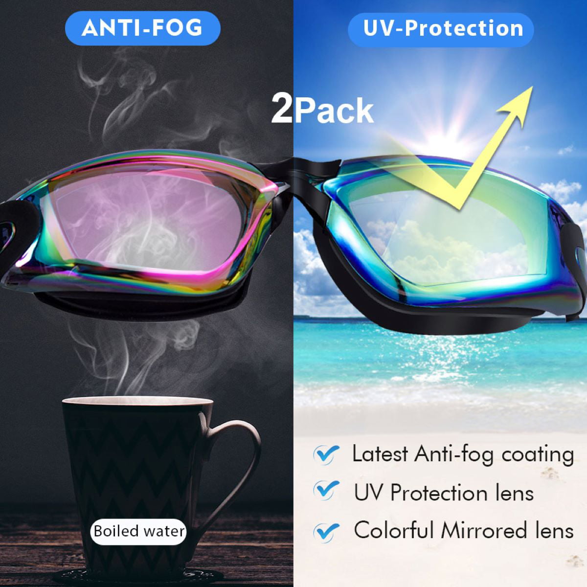 EverSport 2pack Swimming Goggles for Adult Comfortable Daily Swim Glasses with Mirrored Anti-Fog Lens No Leak Water