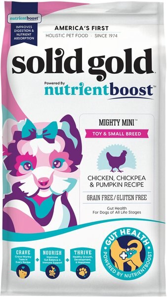 Solid Gold NutrientBoost Mighty Mini Gut Health Small and Toy Breed Grain-Free Chicken， Chickpea and Pumpkin Dry Dog Food