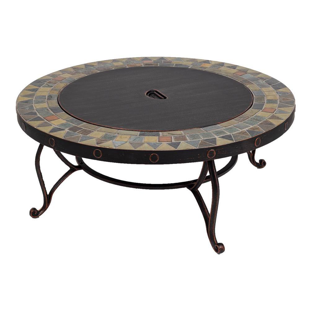 Pleasant Hearth Juniper Slate Top 34 in. W x 19.6 in. H Round Steel Wood Burning Rubbed Bronze Fire Pit OFW707RI