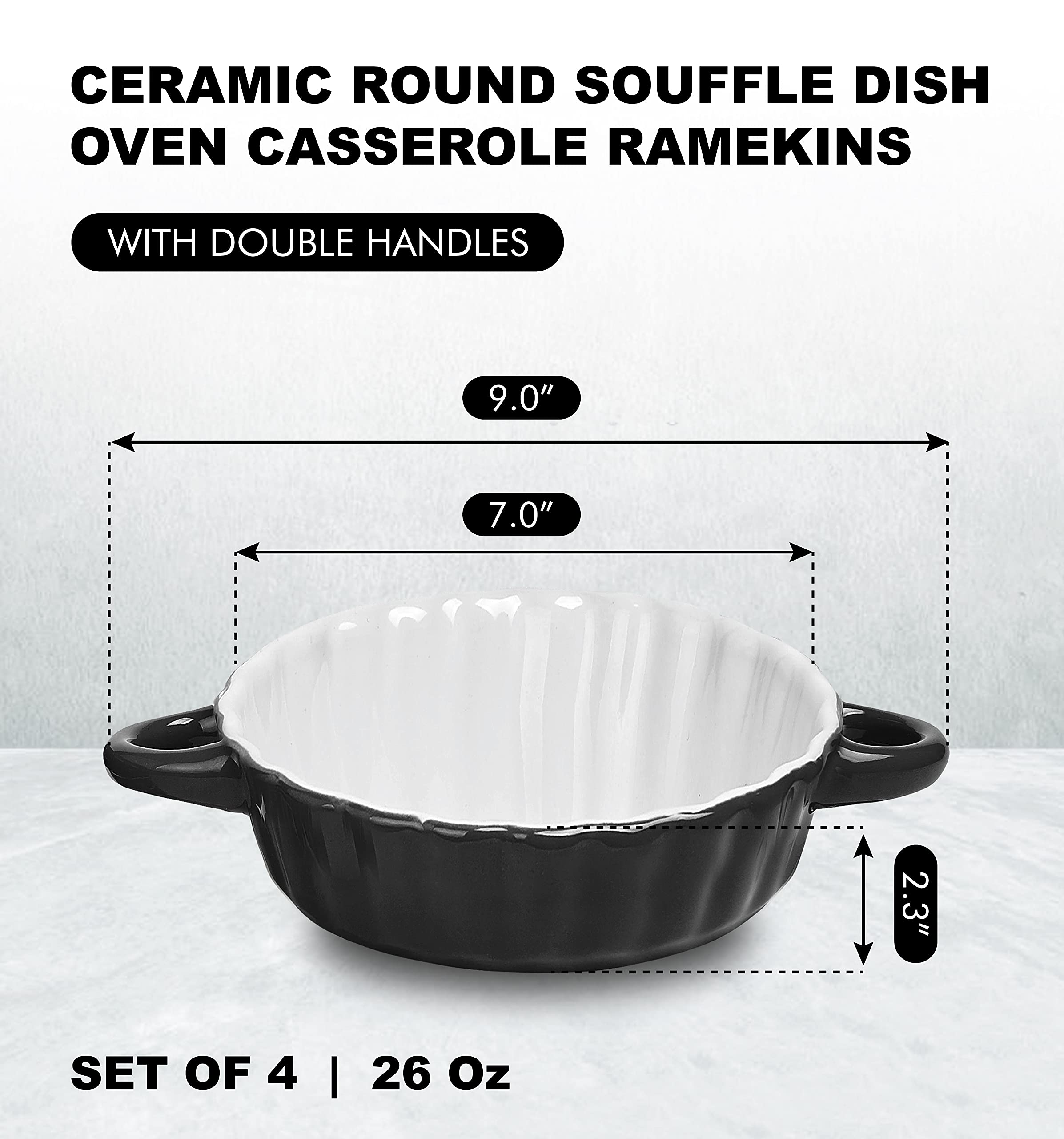 Bake And Serve - 10oz. Oven Safe Set Of 6 Ceramic Souffle Dishes， Round Double Handle