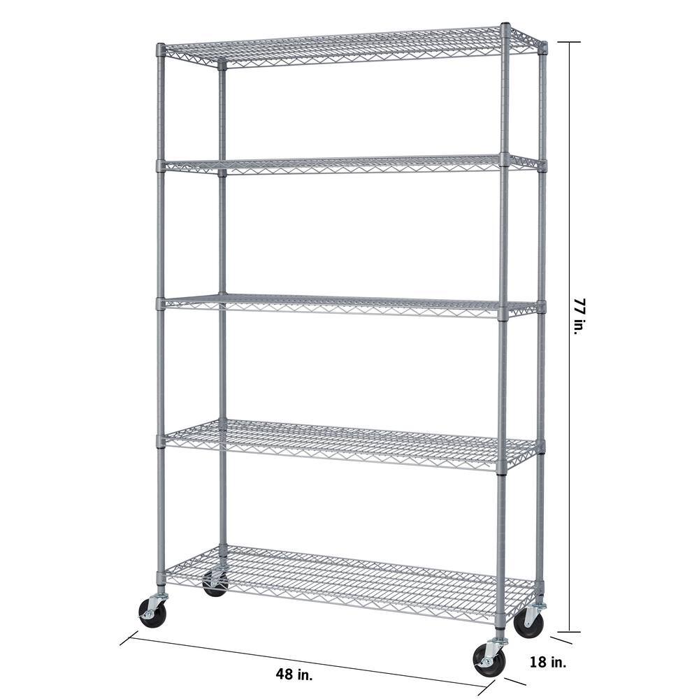 TRINITY Gray 5-Tier Rolling Steel Wire Shelving Unit (48 in. W x 77 in. H x 18 in. D) TBF-PS664