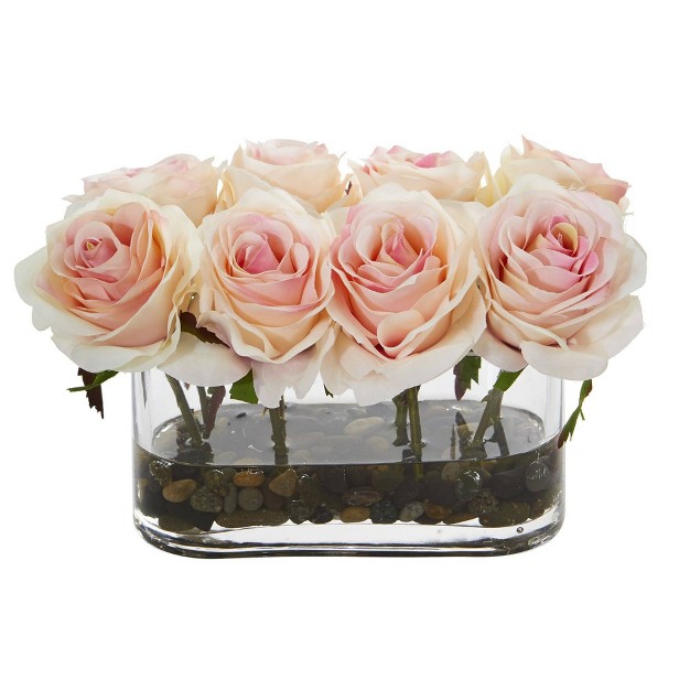 Nearly Natural 5 5 in Blooming Roses In Glass Vase Artificial Arrangement