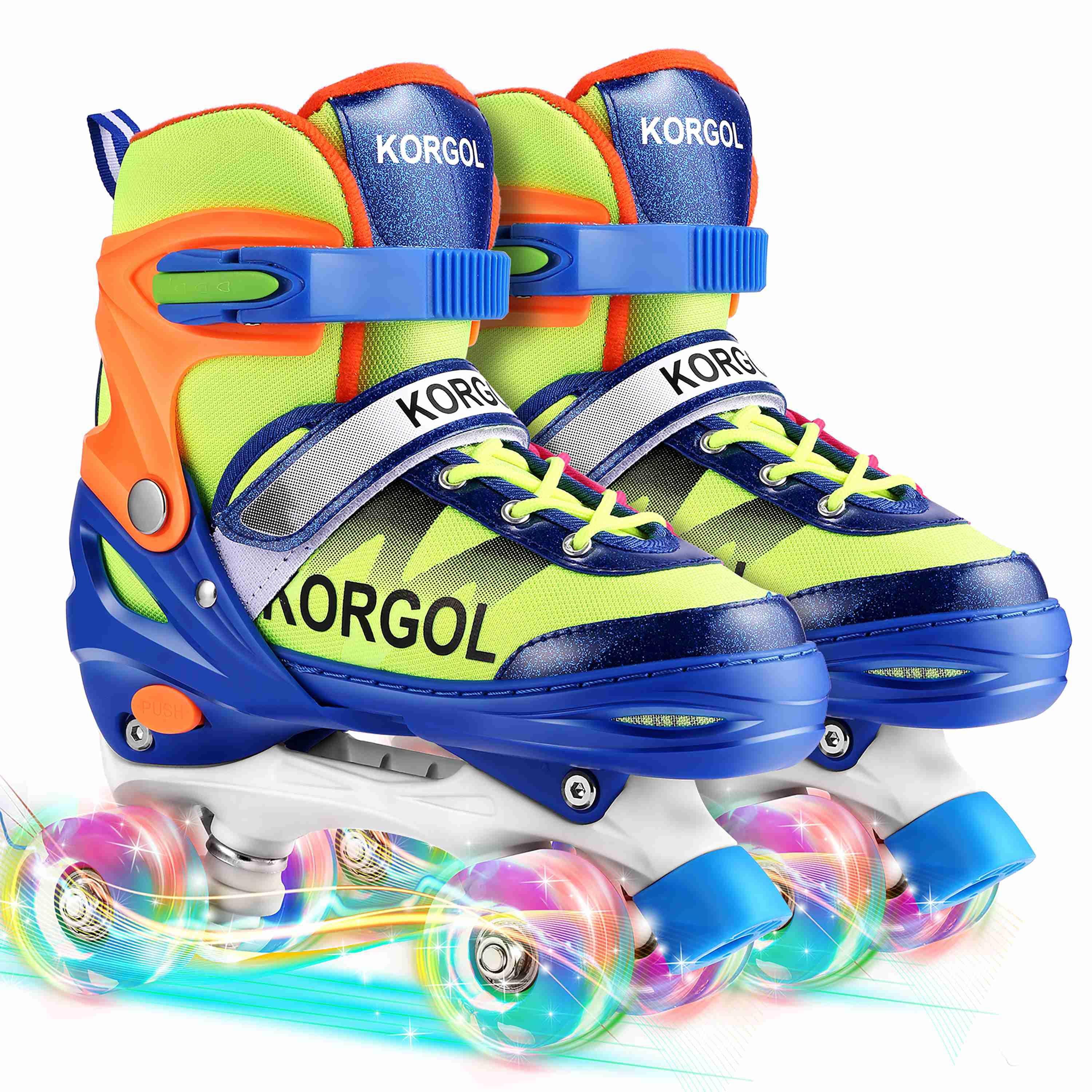 KORGOL Blue Adjustable Roller Skates with Illuminating Wheels， for Kids Boys Girls