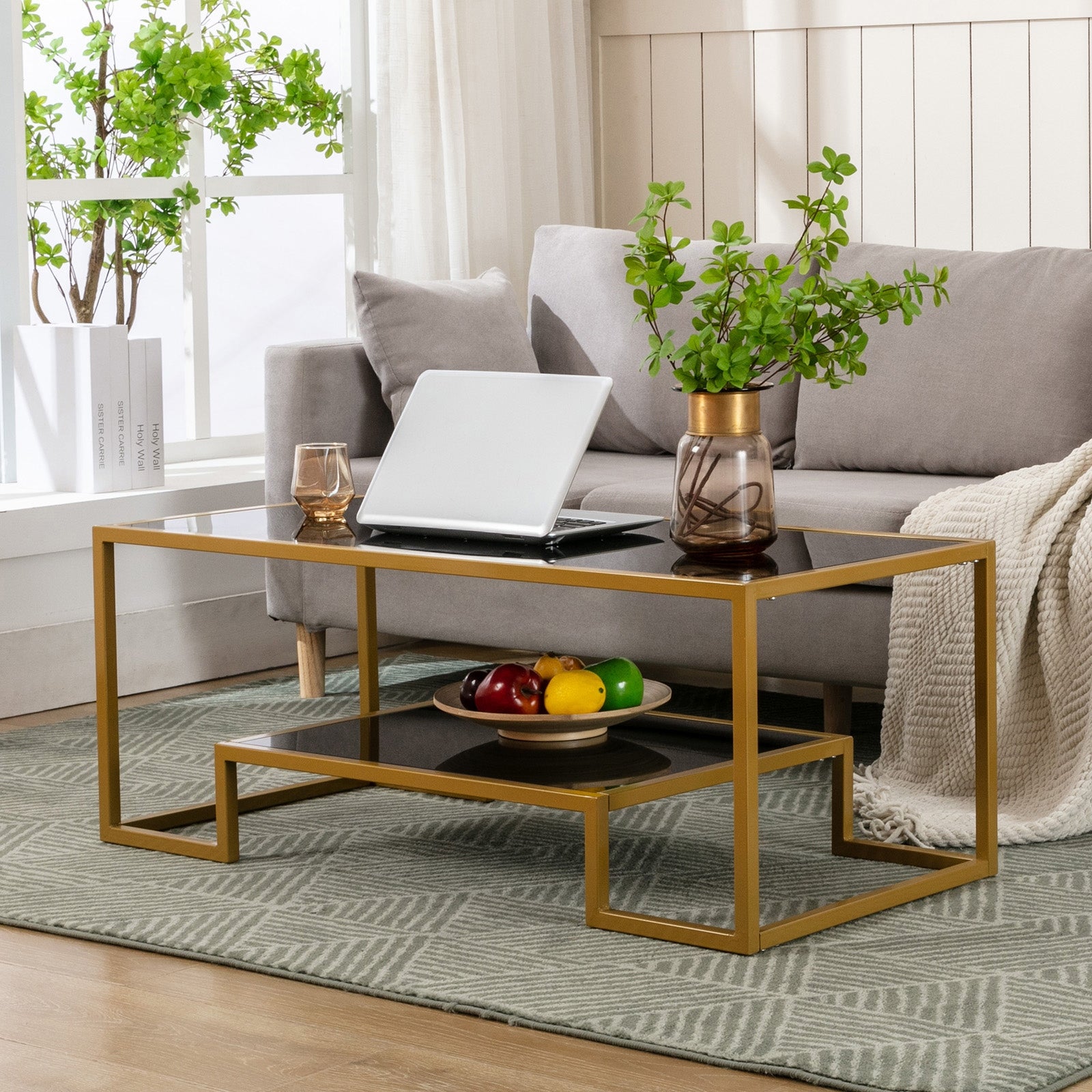 Rectangle Black Glass Coffee Table Gold Metal Frame with Shelf