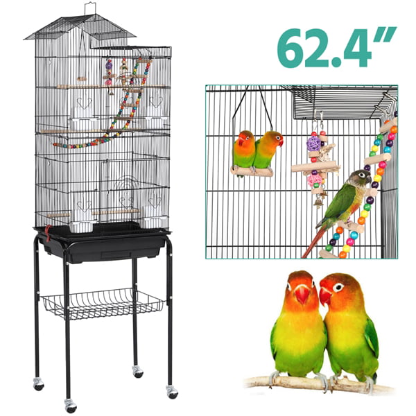 Yaheetech Rolling Metal Bird Cage with Detachable Stand Large Parrot Cage w/ Stand and Toys Budgies Cockatiels Parakeets