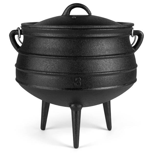 Bruntmor 8 Quarts Black Pre seasoned Cauldron Cast Iron Potjie Pot 3 Legs For Even Heat Distribution Premium Camping Cookware