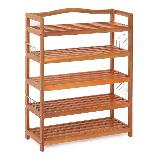 Costway 5 tier Wood Shoe Rack Solid Acacia Wood Shoe Shelf With Side Metal Hooks