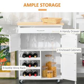 HOMCOM Kitchen Island On Wheels Rolling Kitchen Cart with Drawer 9-Bottle Wine Rack Storage Cabinets White 801-179