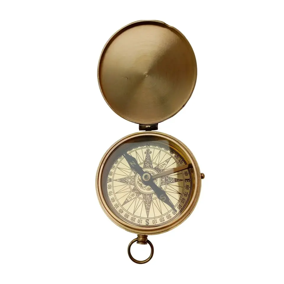 Beautiful Vintage Collectible Brass Flat Pocket Size Brass Polished Antique Lid Compass Theme Hiking Camping Marine Navigation