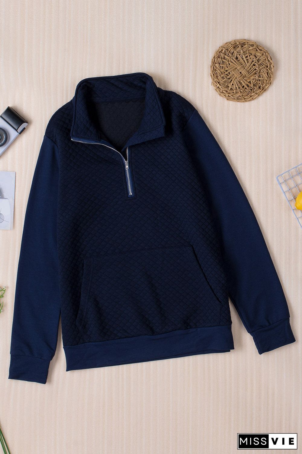 Navy Stand Neck Waffle Zip Up Sweatshirt