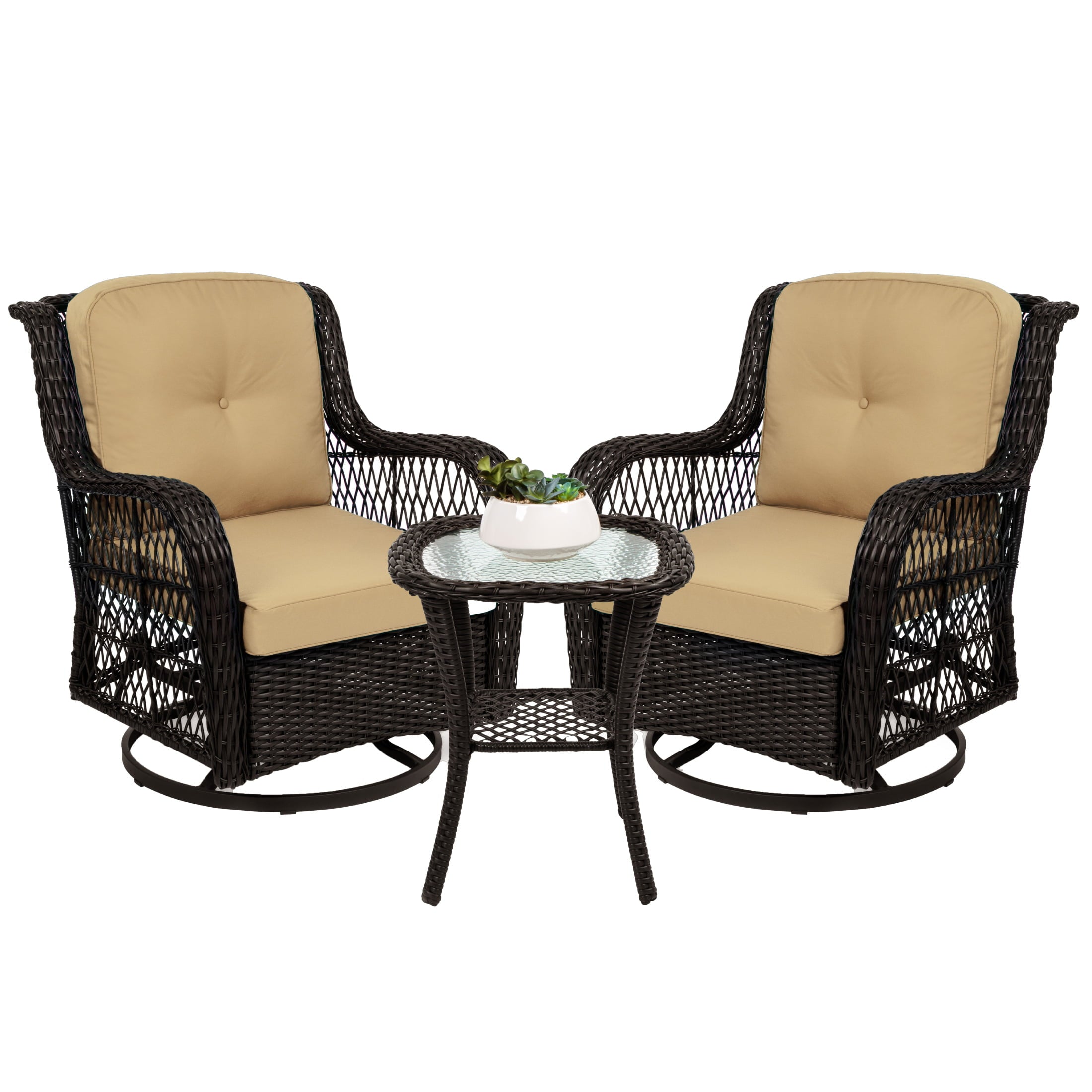 Best Choice Products 3-Piece Patio Wicker Bistro Furniture Set w/ 2 Cushioned Swivel Rocking Chairs, Side Table - Beige