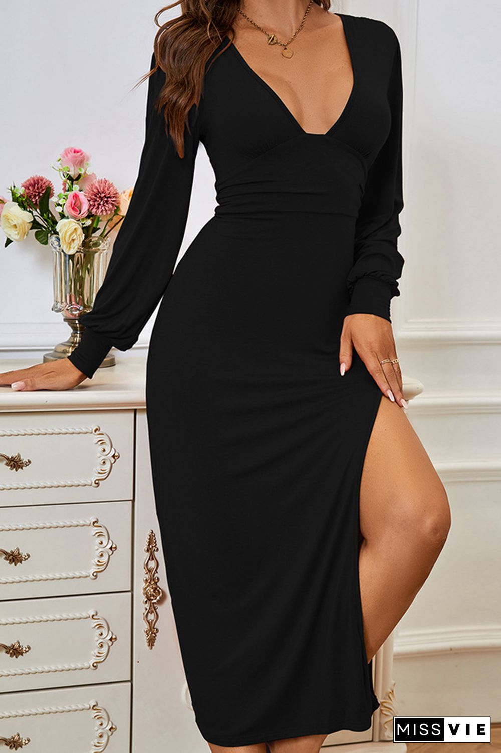 V Neck Puffy Sleeves Split Midi Dress