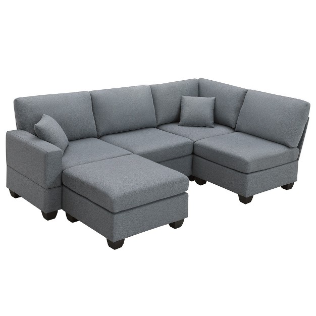 5 seat L Shaped Linen Sofa Set With Convertible Ottoman And 2 Pillows Modernluxe