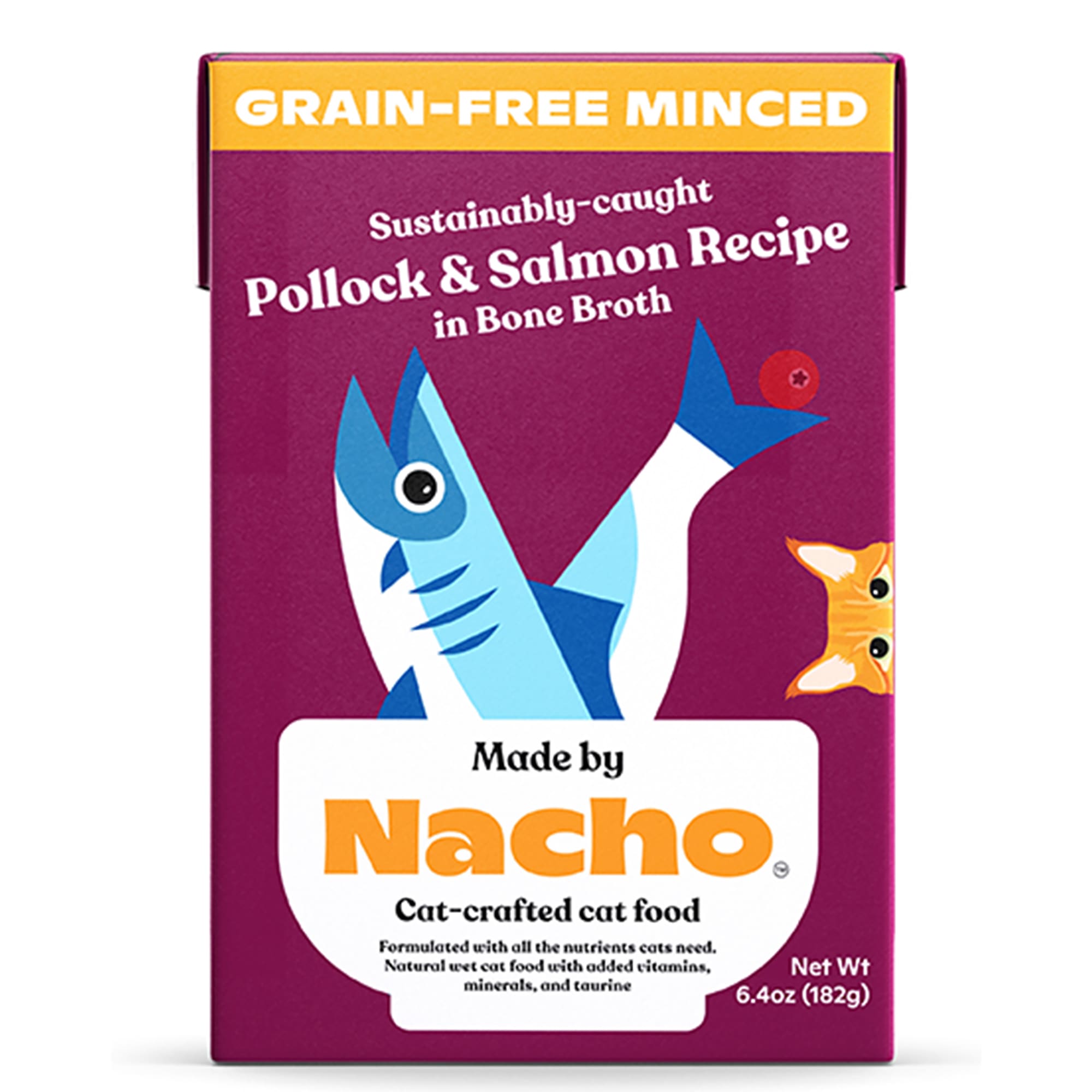 Made by Nacho Sustainably-Caught Pollock  Salmon Recipe in Bone Broth Grain-Free Minced Crafted Cat Food， 6.4 oz.