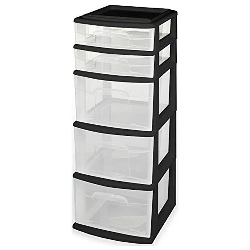 Homz Plastic 5 Clear Drawer Medium Home Storage Container Tower， Black Frame