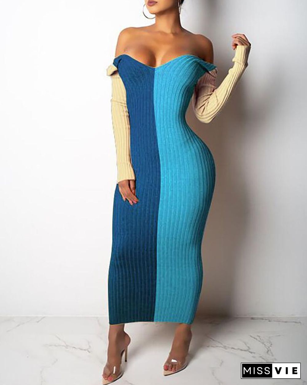 Colorblock Ribbed Off Shoulder Maxi Dress P10976