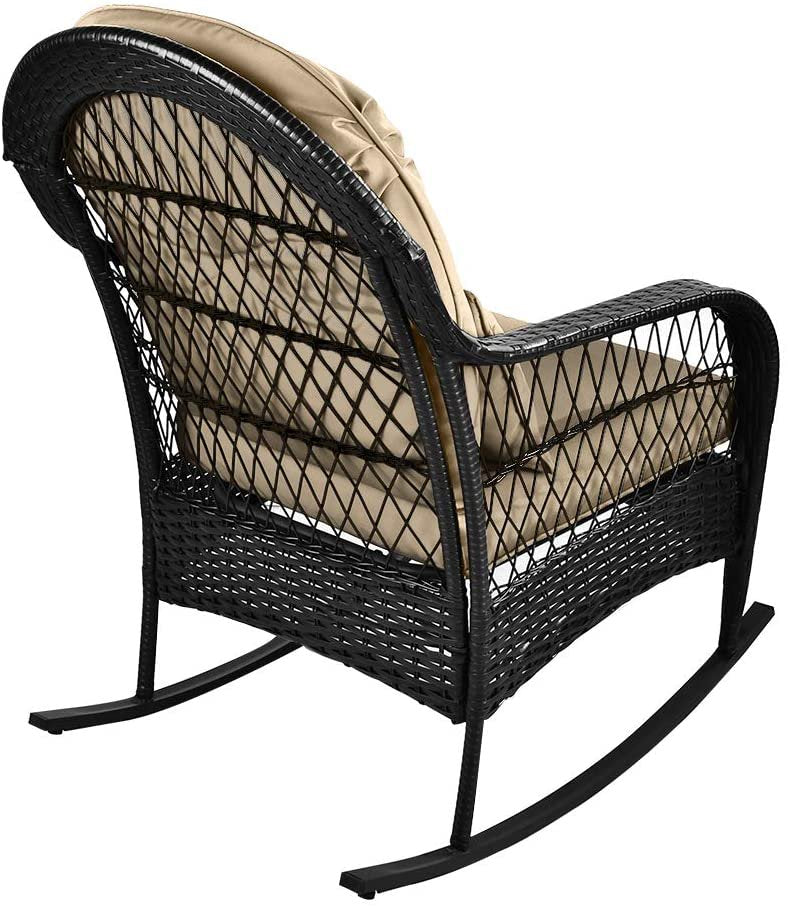 LVUYOYO Outdoor Wicker Rocking Chair All Weather w/ Cushions Garden Patio Yard Porch Lawn Balcony Backyard, Beige, khaki