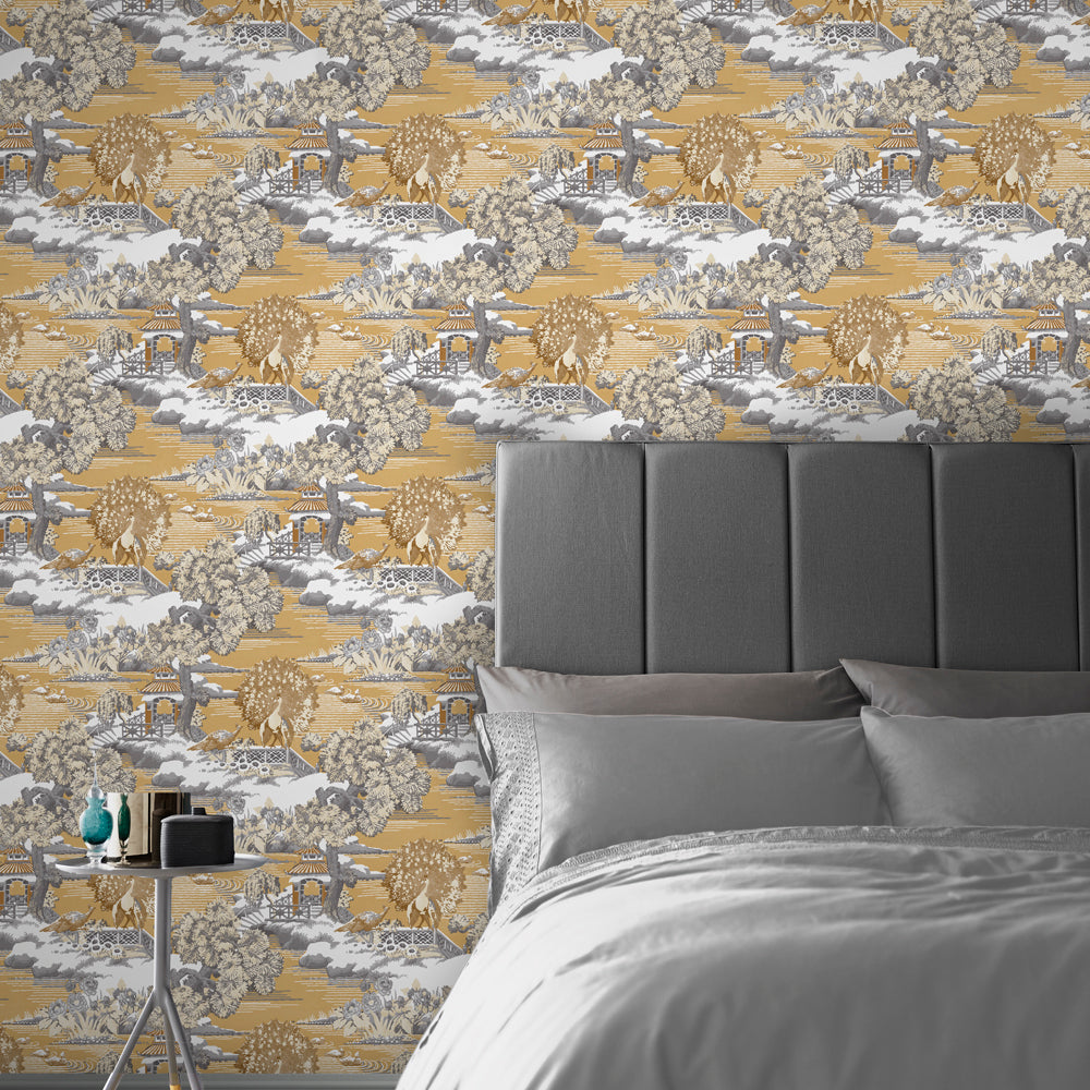 Edo Toile Wallpaper in Mustard