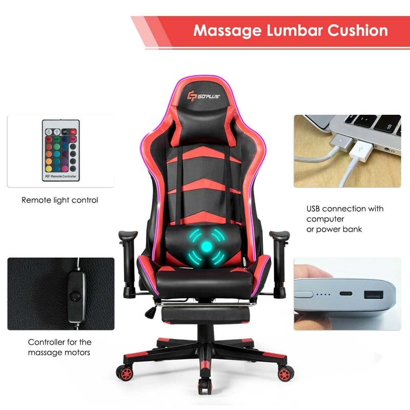 LED Massage Gaming Chair, Height Adjustable Racing Computer Office Chair with Footrest, Ergonomic High Back PU Swivel Game Chair