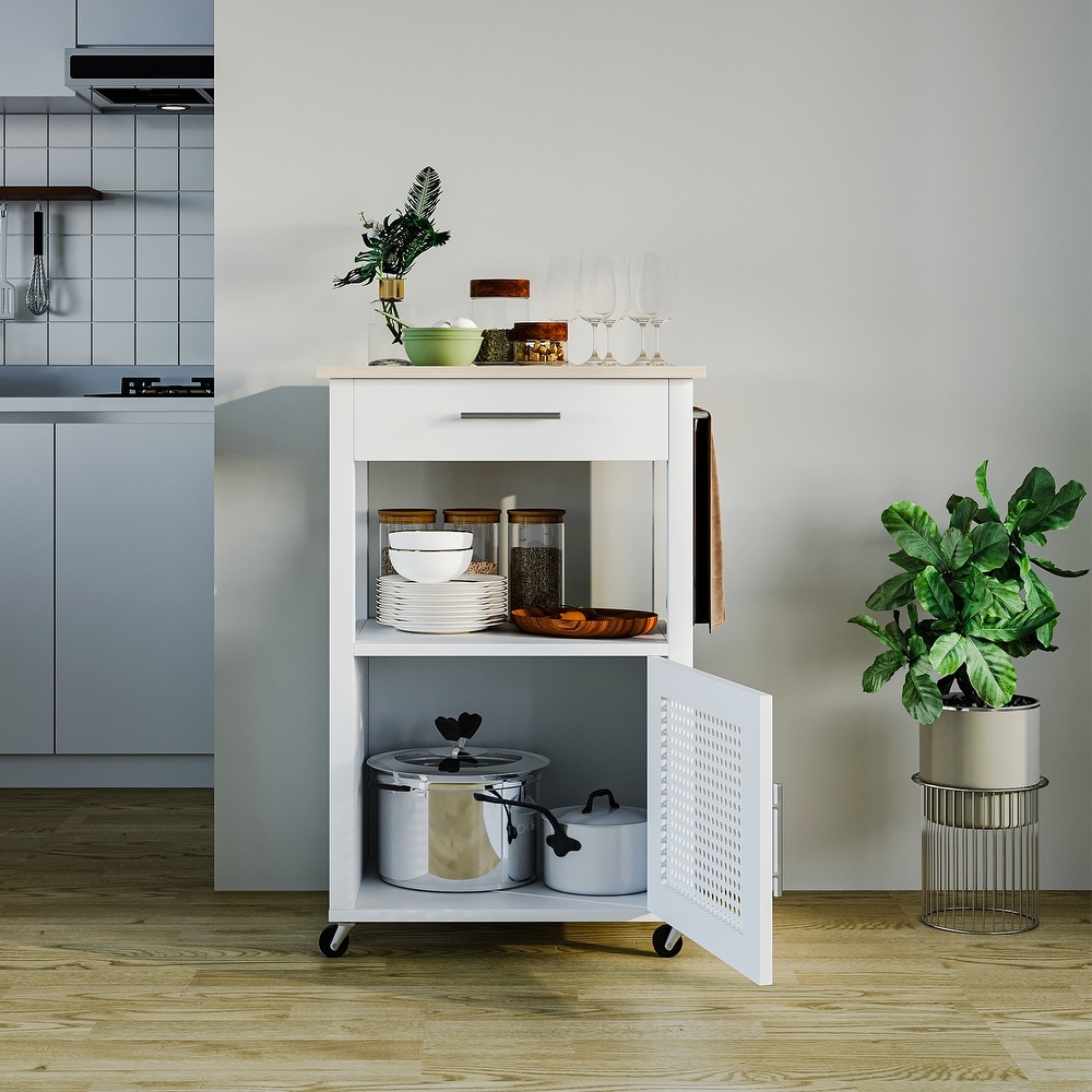 Rolling Rattan Kitchen Cart with Single Door Cabinet and Storage Shelf