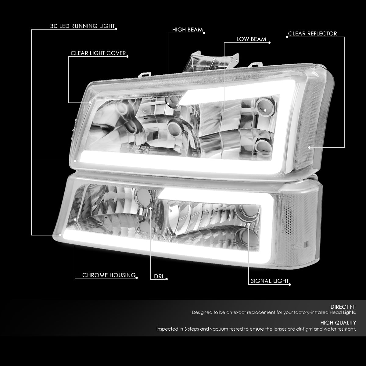 DNA Motoring HL-LB-CSIL03-CH-CL1 Headlight Fits Truck 2003 to 2007 Chevy Silverado 1500 2500 3500HD Classic Avalanche Pair 3D LED DRL Bar Headlight/Bumper Lamps Chrome 04 05 06