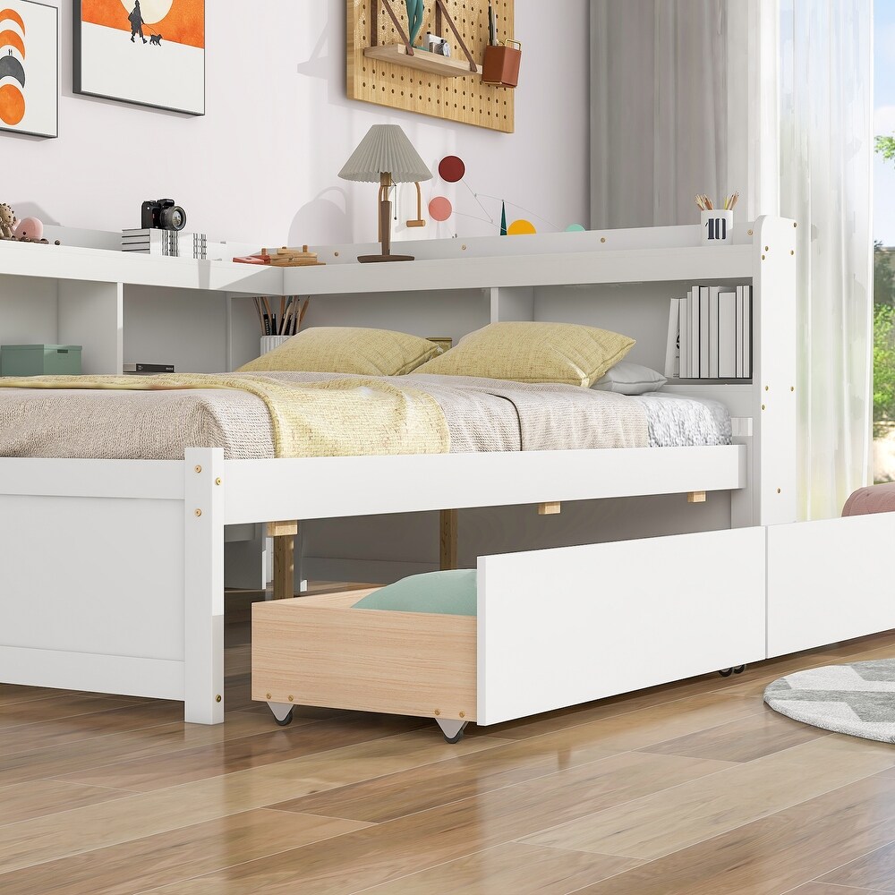 Full Bed with L shaped Bookcases  Drawers  White