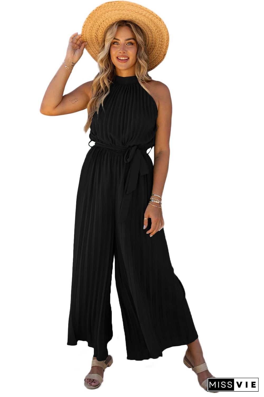 Black Halter Neck Pleated Wide Leg Jumpsuit with Belt