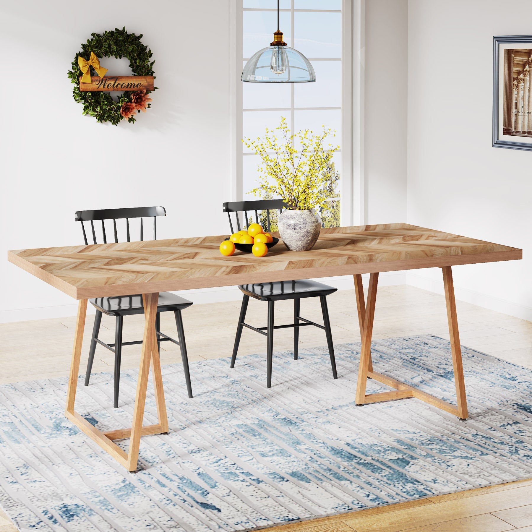 Farmhouse Dining Table for 6 to 8, 70.9 Rectangular Wood Kitchen Table