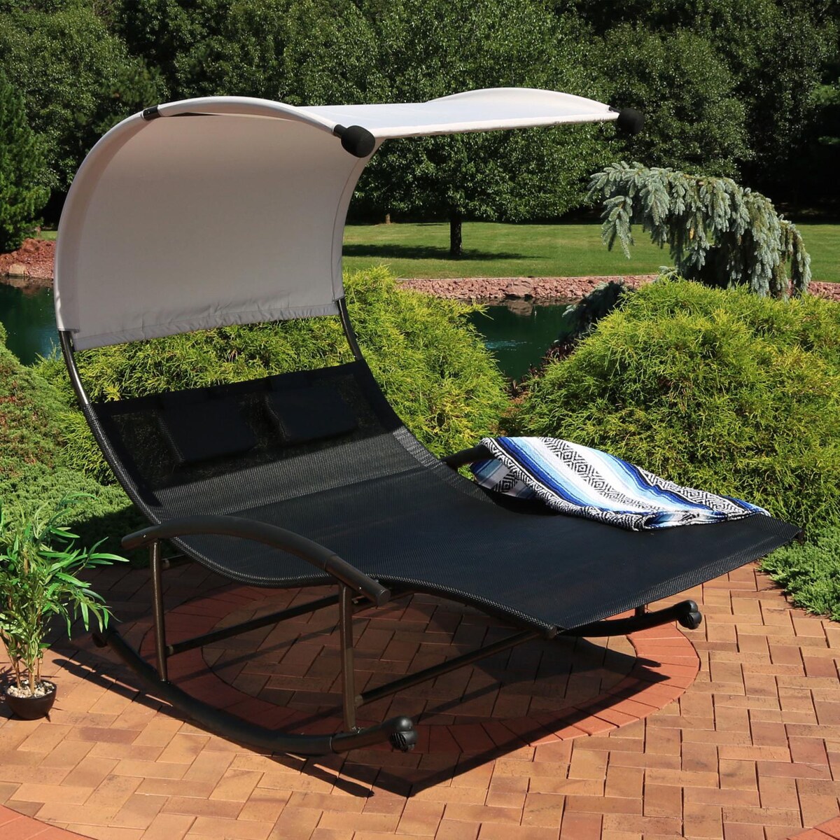 Ultimate Patio Rocking Double Sling Chaise Lounge W/ Canopy and Pillows